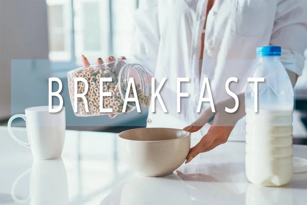 Cropped View Girl Having Cornflakes Milk Quarantine Breakfast Lettering — Stock Photo, Image