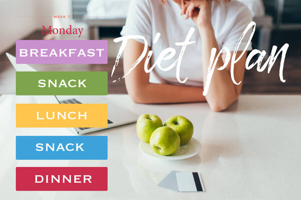 обрезанный вид девушка покупки онлайн с ноутбуком и кредитными картами на кухне с яблоками во время карантина с диеты
