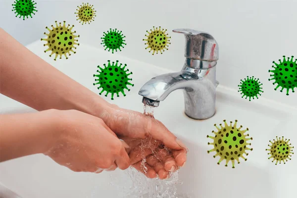 Cropped View Girl Washing Hands Quarantine Signs — Stock Photo, Image