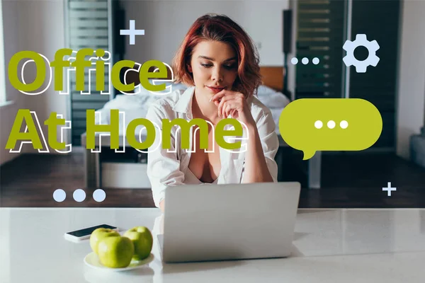 Attractive Freelancer Working Laptop Home Self Isolation Office Home Lettering — Stock Photo, Image