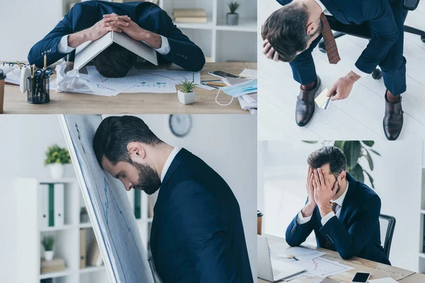 Колаж депресивного бізнесмена, що стоїть біля фліпчарт, покриває голову ноутбуком, тримає кредитні картки і затемнює обличчя руками — стокове фото