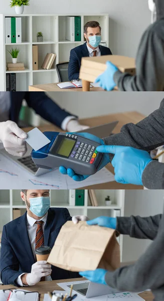 Collage d'homme d'affaires dans un masque de protection prenant des boîtes à pizza et un sac en papier du livreur et payant par carte de crédit avec terminal — Photo de stock