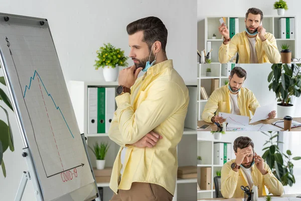Collage di serio uomo d'affari guardando flipchart con iscrizione covid-19 e grafici, parlando su smartphone e in possesso di documenti — Foto stock