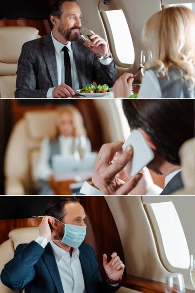 Collage de gens d'affaires buvant du champagne, parlant sur smartphone et utilisant un masque médical dans l'avion — Photo de stock