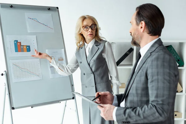 Selektiver Fokus der Geschäftsfrau zeigt auf Grafiken auf Whiteboard in der Nähe von Geschäftsmann mit Klemmbrett im Büro — Stockfoto