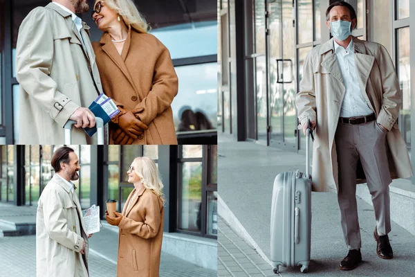 Collage de pareja de negocios con maleta, pasaportes y café para salir a la calle urbana - foto de stock
