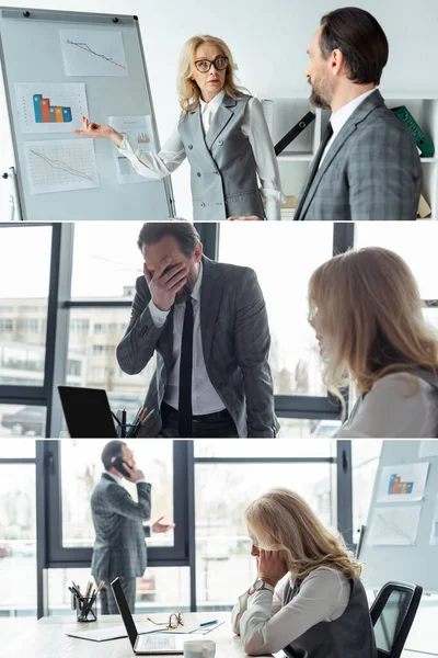 Collage de gente de negocios trabajando con gráficos y aparatos en la oficina - foto de stock