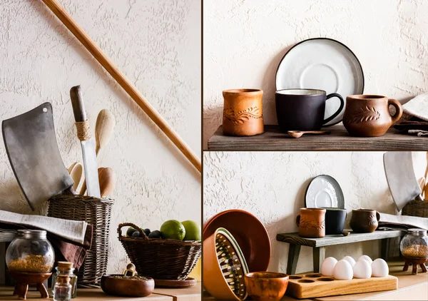 Collage of clay mugs and bowls near knifes raw eggs, herbs, spice and tasty fruits — Stock Photo