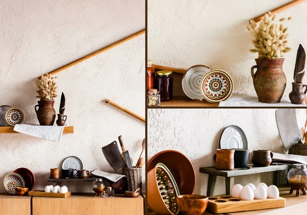 Collage of catkins in clay jug near bowls, cups, knifes, and raw eggs in kitchen — Stock Photo