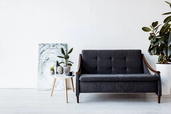 Canapé moderne près de la table basse avec des plantes, lampe vintage et tasse dans le salon — Photo de stock