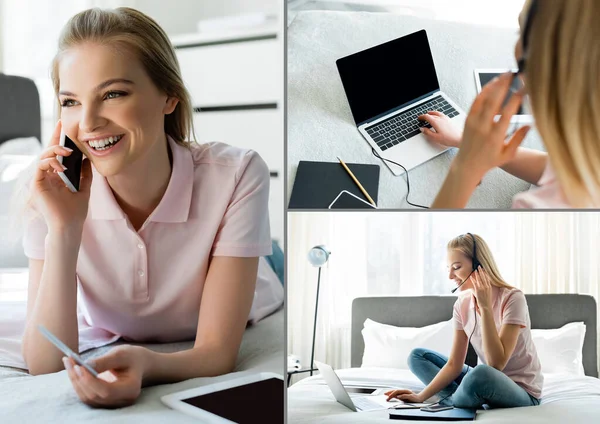 Коллаж счастливой женщины, говорящей на смартфоне и держащей кредитную карту возле цифрового планшета с чистым экраном и в спальне — стоковое фото