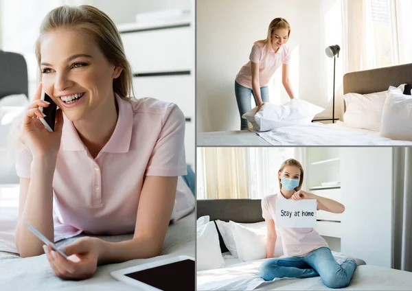 Collage de femme heureuse parlant sur smartphone, tenant la carte de crédit et le papier avec le lettrage de séjour à la maison pendant le nettoyage de la maison dans la chambre — Photo de stock