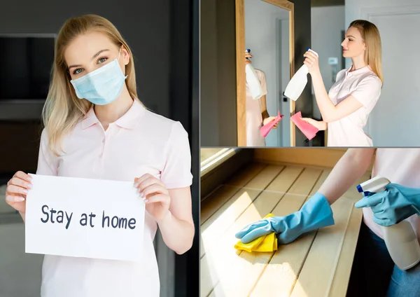 Collage de la femme dans le masque médical tenant du papier avec rester à la maison lettrage et vaporisateur bouteille avec chiffon pendant le nettoyage de la maison à la maison — Photo de stock