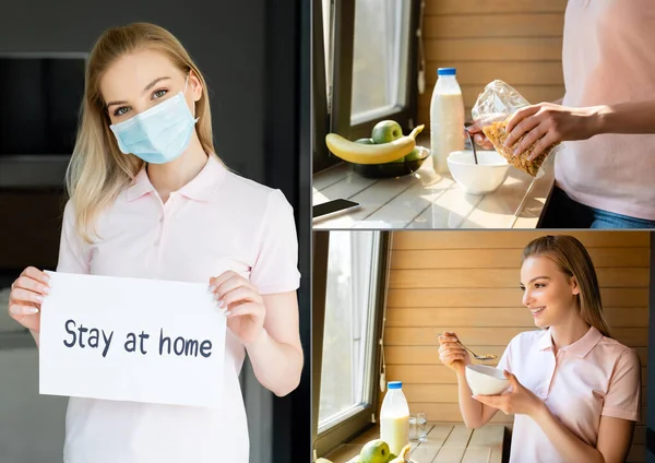 Collage di giovane donna in maschera medica in possesso di carta con soggiorno a casa lettering e fare colazione — Foto stock