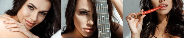 Colagem de mulher bonita segurando guitarra acústica e pimenta em casa, tiro panorâmico — Fotografia de Stock