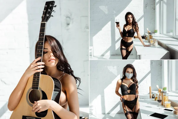 Коллаж сексуальной женщины, держащей акустическую гитару, пьющей вино и носящей медицинскую маску дома — стоковое фото
