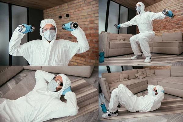 Collage de l'homme sportif en combinaison Hazmat, masque médical et lunettes de travail avec haltères salon — Photo de stock