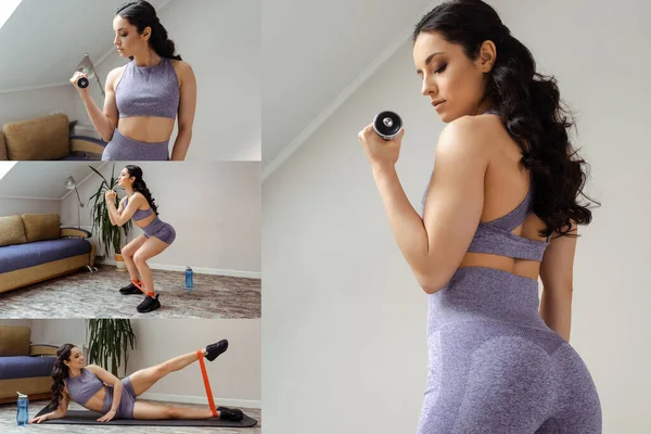 Collage with sportive woman training with dumbbells, resistance band and squating at home — Stock Photo