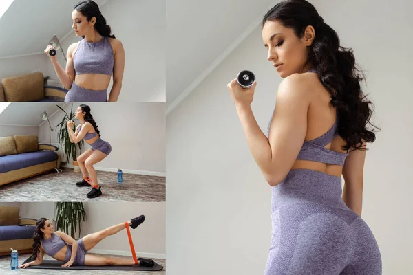 Collage con entrenamiento deportivo de mujer con mancuernas, banda de resistencia y sentadillas en casa - foto de stock