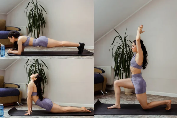 Collage con mujer deportiva haciendo tablón y practicando yoga sobre estera en casa - foto de stock