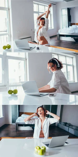 Collage with girl in headphones using laptop and smartphone at home on self isolation — Stock Photo