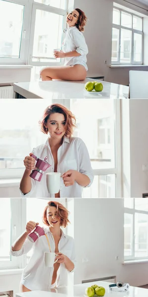 Collage mit einem Mädchen, das während der Quarantäne Kaffee aus einer Kanne zum Frühstück in die Küche gießt — Stockfoto
