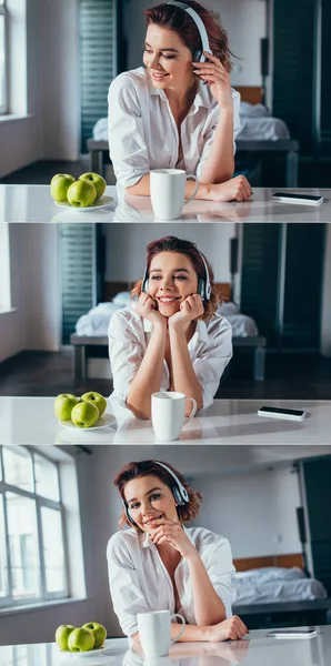 Collage con sorridente ragazza che ascolta musica con cuffie in cucina con caffè, mele e smartphone durante la quarantena — Foto stock