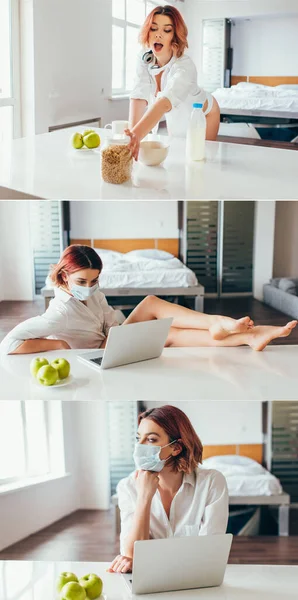 Colagem com freelancer feliz em máscara médica tomando café da manhã e trabalhando no laptop de casa no auto-isolamento — Fotografia de Stock