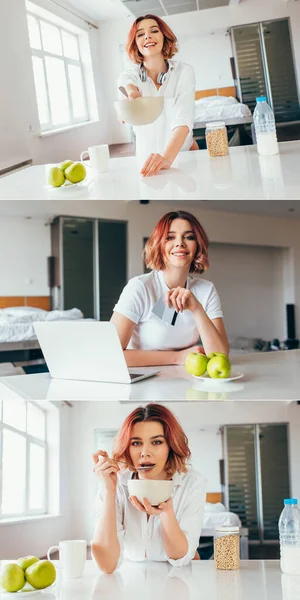 Collage con ragazza che fa colazione e shopping online con laptop e carte di credito in cucina con mele durante la quarantena — Foto stock