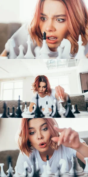 Collage with emotional girl playing chess on self isolation, selective focus — Stock Photo