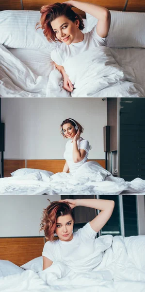 Collage con bella ragazza ascoltare musica con le cuffie e rilassarsi a letto durante l'isolamento — Foto stock