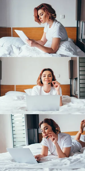 Коллаж с привлекательной девушкой с помощью цифрового планшета и сделать видеозвонок с гарнитурой и ноутбуком в постели во время карантина — стоковое фото