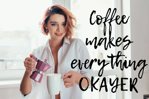 Beautiful girl pouring coffee from pot on quarantine with coffee makes every thing okayer lettering — Stock Photo
