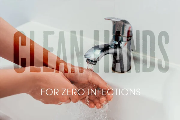 Cropped view of girl washing hands on quarantine with clean hands for zero infection lettering — Stock Photo