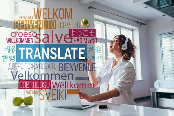 Surprised beautiful girl juggling with apples at home with digital devices on quarantine with translate lettering — Stock Photo