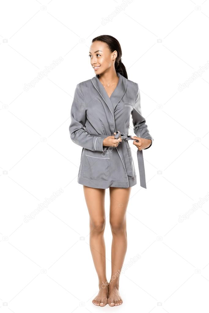 african american woman in bathrobe