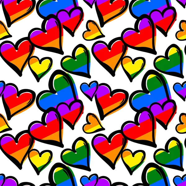 Gay pride regenbogenfarbene Herzen nahtloses Muster. — Stockvektor