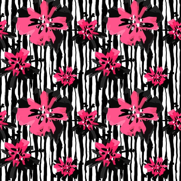 Floral handgeschilderde expressieve roze inkt en aquarel trendy se — Stockvector