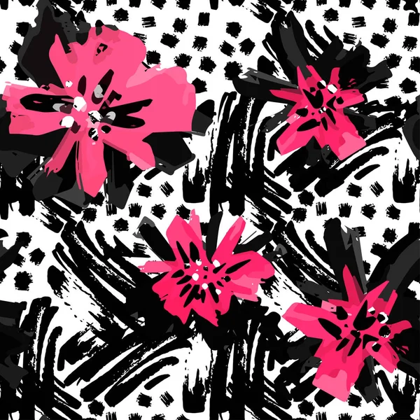花の手描きの表現力豊かなピンクのインクと水彩のトレンディな se — ストックベクタ