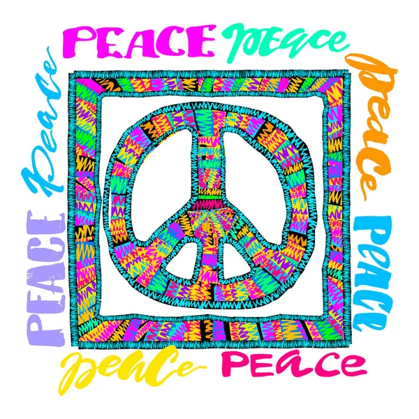 Peace sign. Bright embroidery and letteringing — Stock Vector