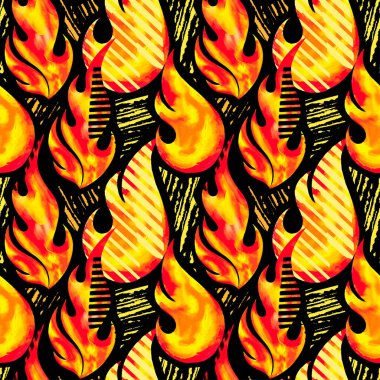 Yangın alev seamless modeli. Tekstil mürekkep fırça darbeleri