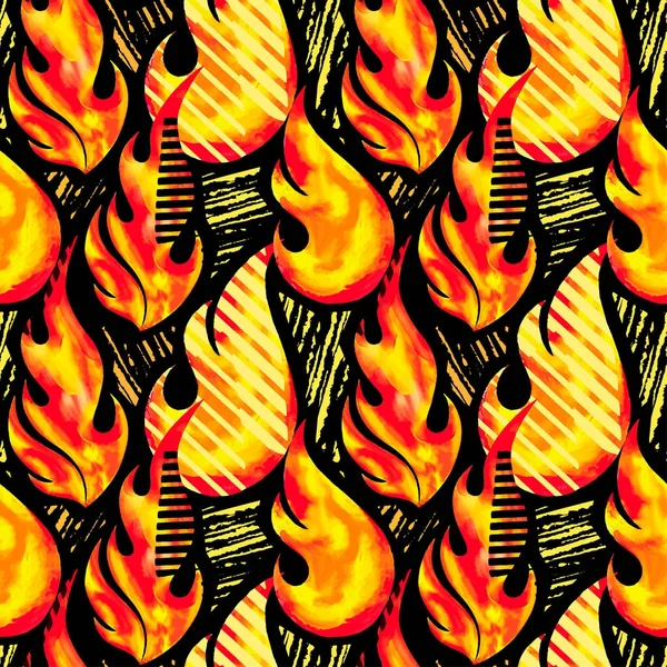 Tűz láng varrat nélküli mintát. Textil szabadkézi ecset — Stock Vector