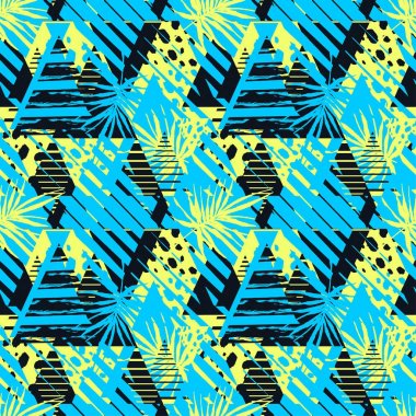 Soyut geometrik sorunsuz kaba grunge desen, palmiye yaprakları 