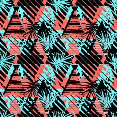 Soyut geometrik sorunsuz kaba grunge desen, palmiye yaprakları 
