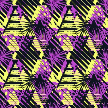 Soyut geometrik sorunsuz kaba grunge desen, palmiye yaprakları 