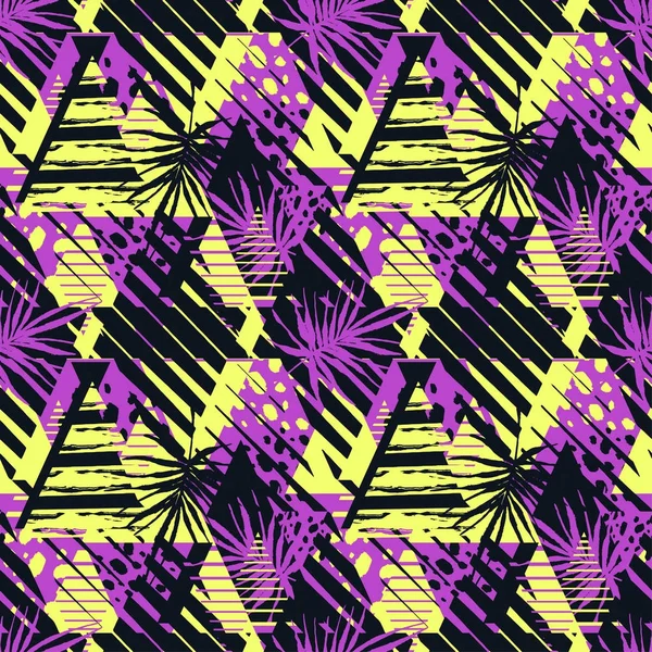 Patrón de grunge sin costura geométrico abstracto, hojas de palma — Vector de stock