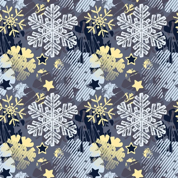 Copo de nieve sin costuras patrón dibujado a mano de invierno . — Vector de stock