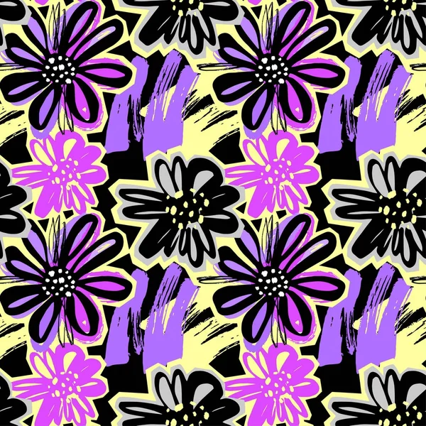 Blommor sömlös hand hantverk uttrycksfulla bläck mönster. — Stock vektor