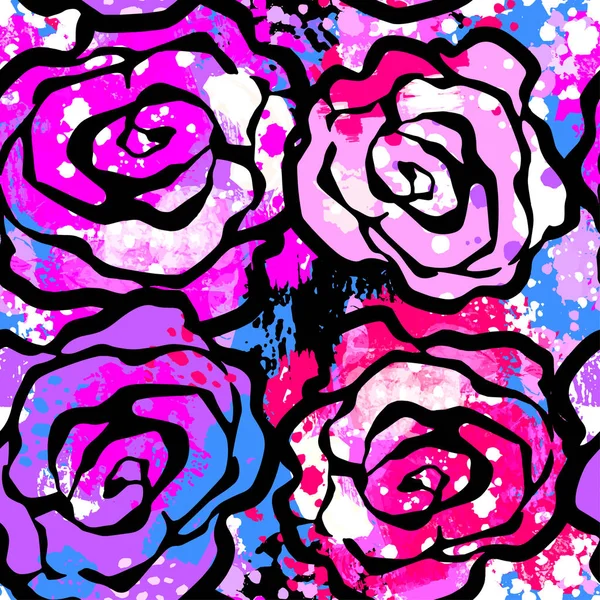 Rosa flores mão sem costura artesanato expressivo padrão de tinta . — Vetor de Stock