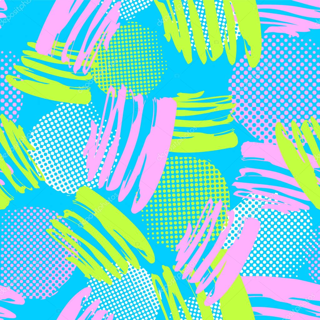 Seamless repeating textile, ink brush strokes pattern in doodle grunge texture style.Handdrawn trendy design, watercolor blotted background for a logo, cards, invitations, posters, banners